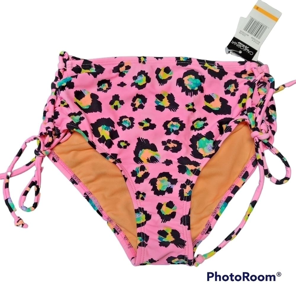 California Waves Pink And Green Animal Print Side Lace Bikini Swim Bottoms Small